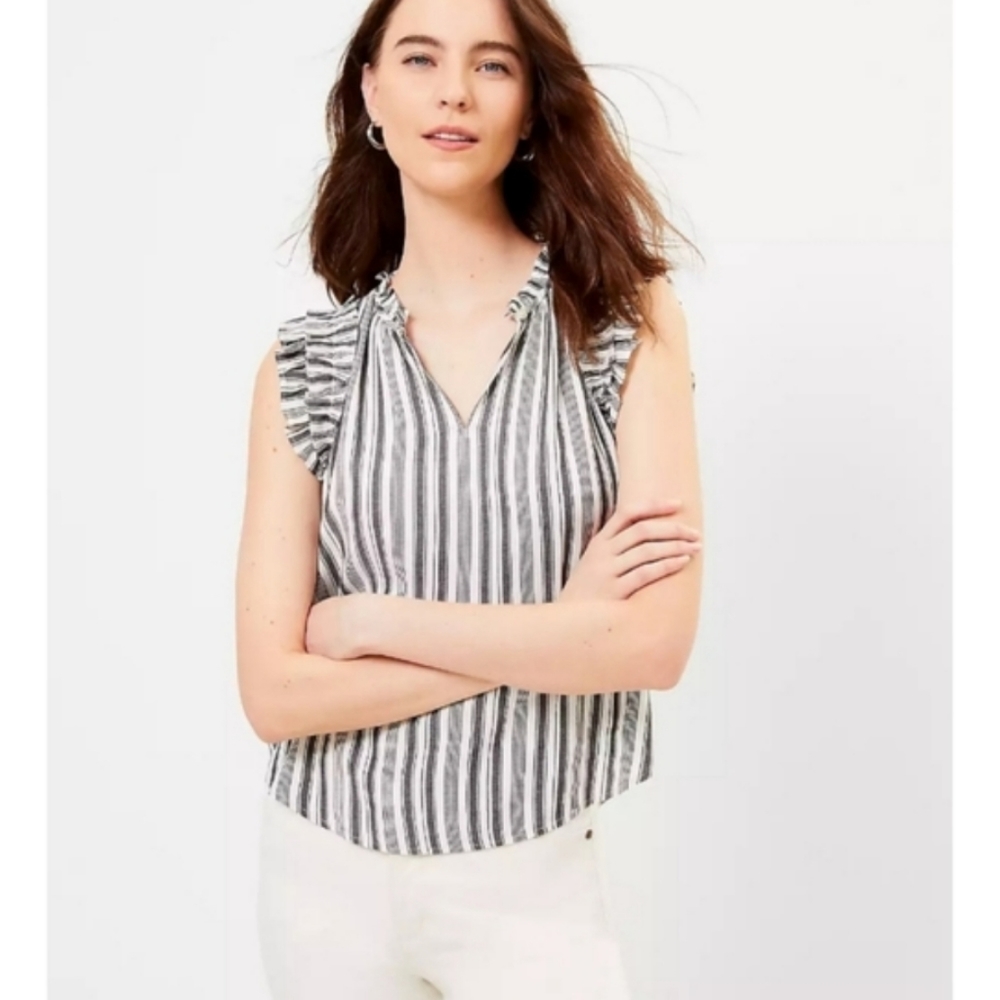 Loft Striped Ruffle Split Neck Shell - Picture 2 of 5